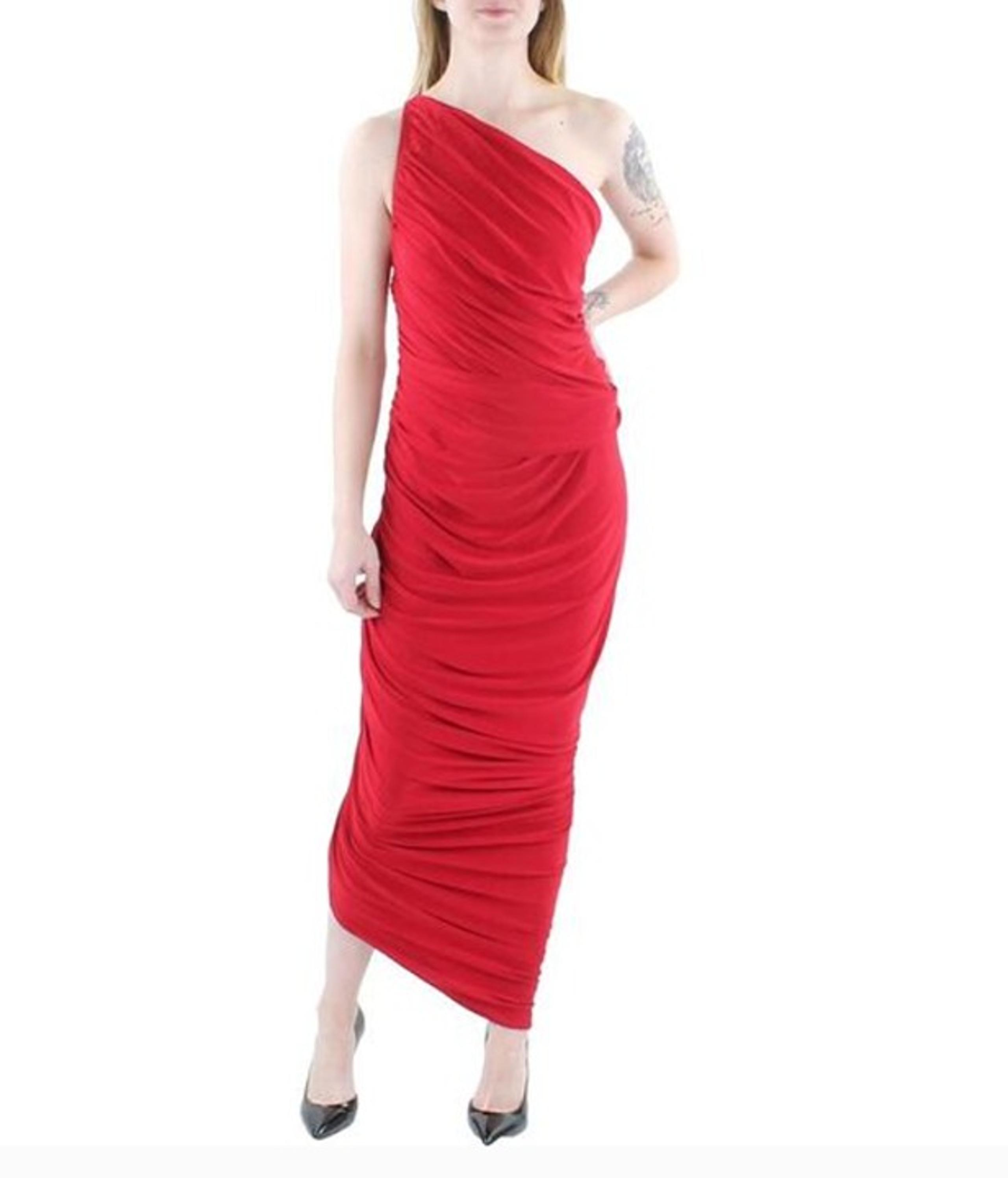Norma Kamali Womens Red Ruched One Shoulder Mid Calf Midi Dress Small Revolve