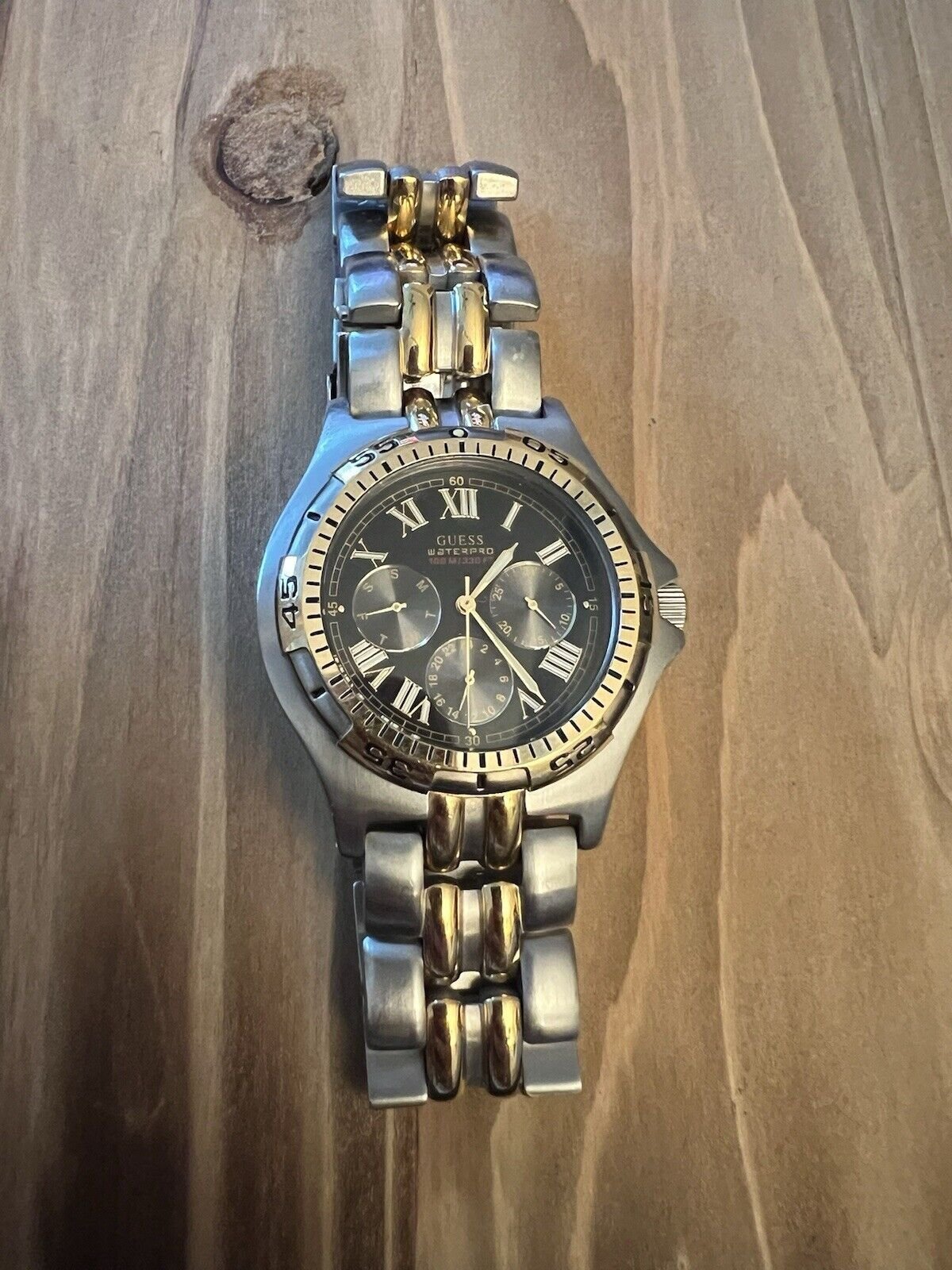 Guess Waterpro Watch Black Dial New Battery Two Tone