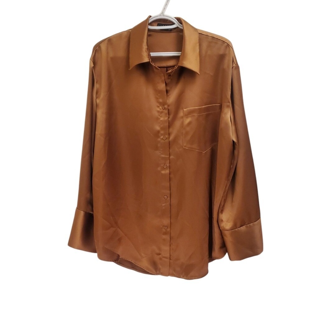 Alice + Olivia Bronze Satin Blouse Long Sleeve Button Down Shirt S/P
