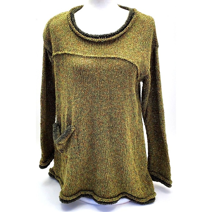 Designer One Size Sage Green Hand Knit Sweater Woven W/Pockets Woven PULLOVER!