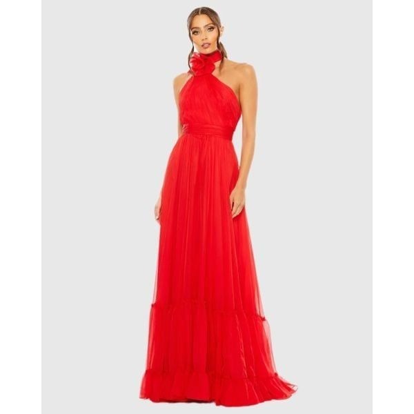 Mac Duggal NWT Assymetrical Halter Neck Tiered A-Line Gown in Red Size 12