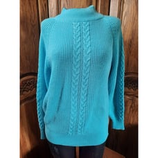 Vintage Hunter's Glen Korean M Womens Blue Turquoise Cable Knit Sweater 1980s Lo