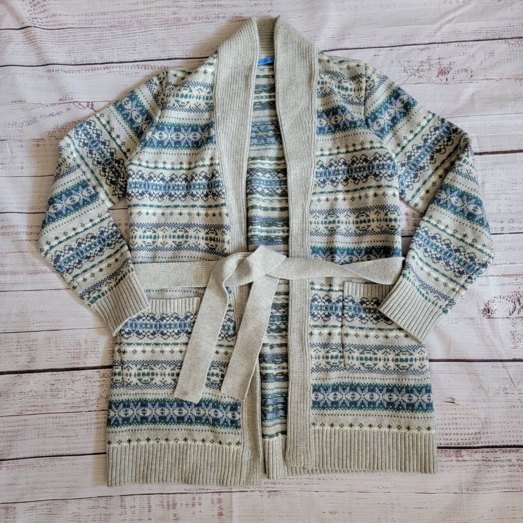 J. McLaughlin Stratham Wool Sweater Fair Isle Belted Cardigan Women's Medium