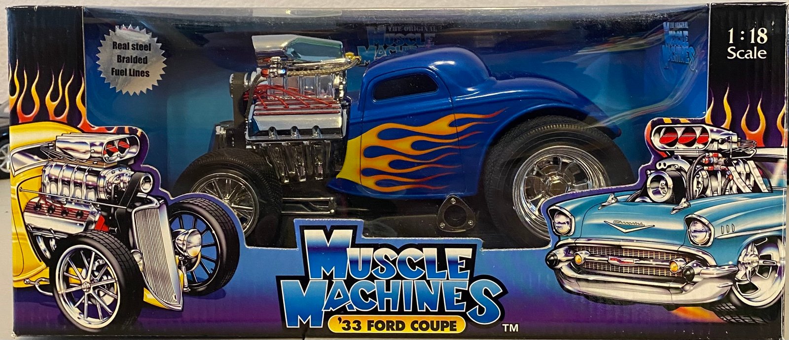 1/18 33 ford coupe (yellow, blue w/flames)