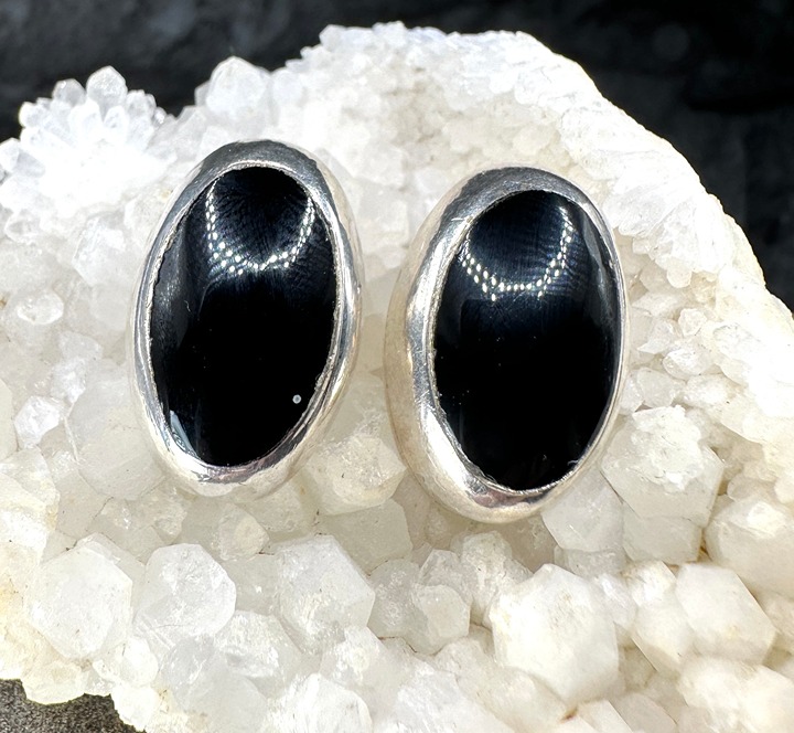 Onyx Sterling Silver Dome Earrings Vintage .925 Mexico