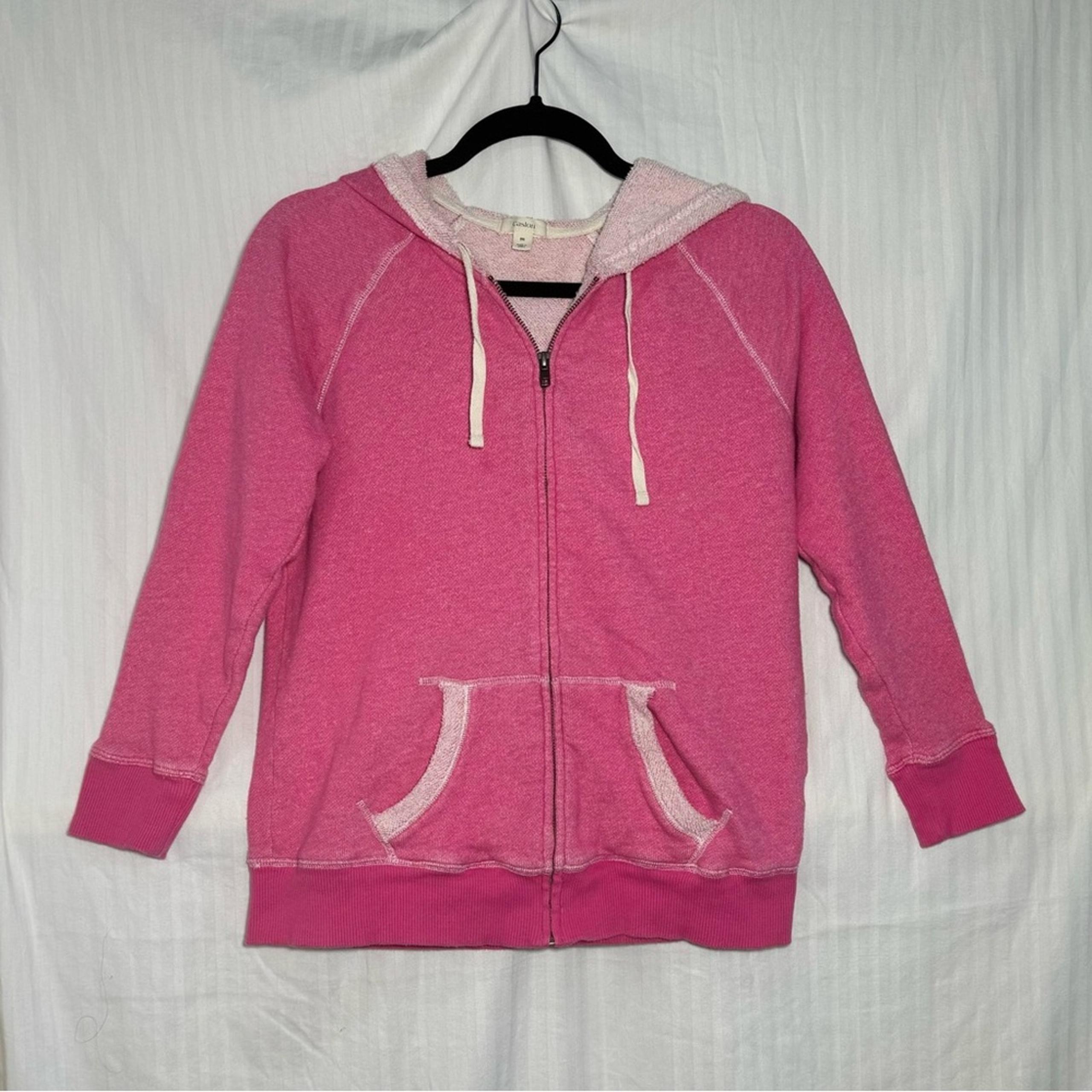 Pink Cotton Full Zip Hoodie Women’s Size Medium 3/4 Sleeve Terry Cloth - Caslon