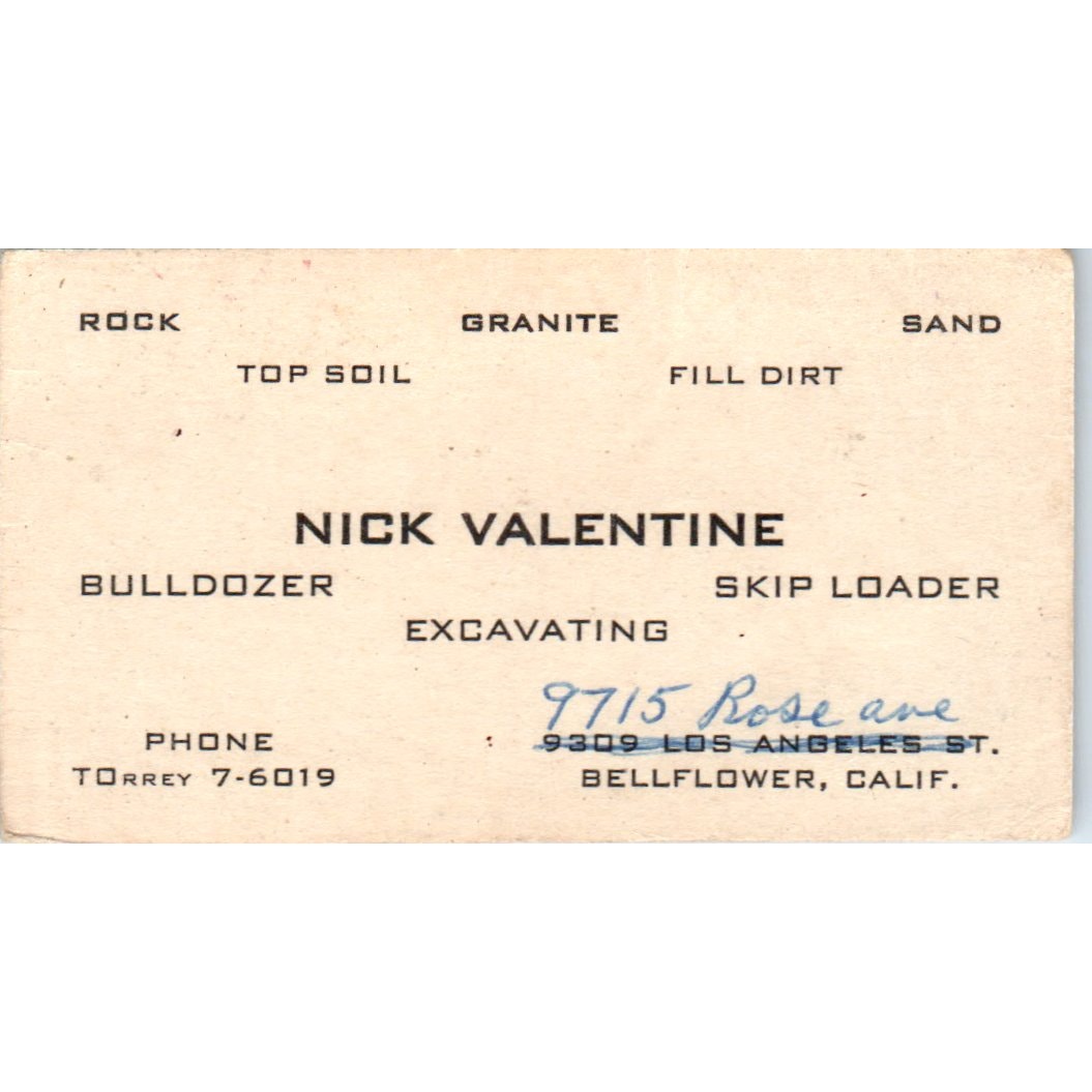 Nick Valentine Bulldozer Excavating Bellflower CA Vintage Business Card SD8-B3