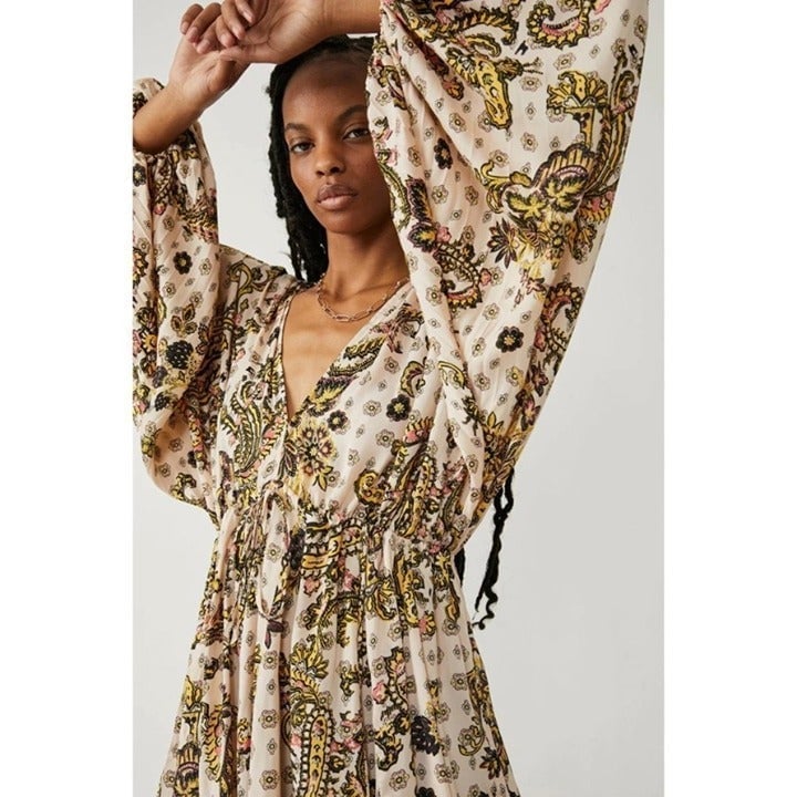 New Free People Arzel Mini Dress Long Sleeve Printed Tunic in Tea Combo Cream