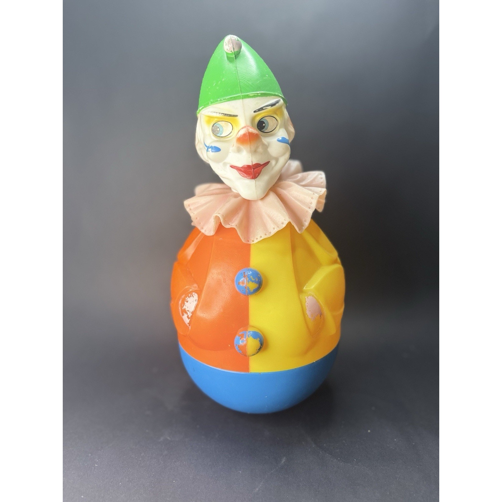 Vintage Rolly Toys Large Wobble Clown with Ruffle 15” Rubber Head West Germany