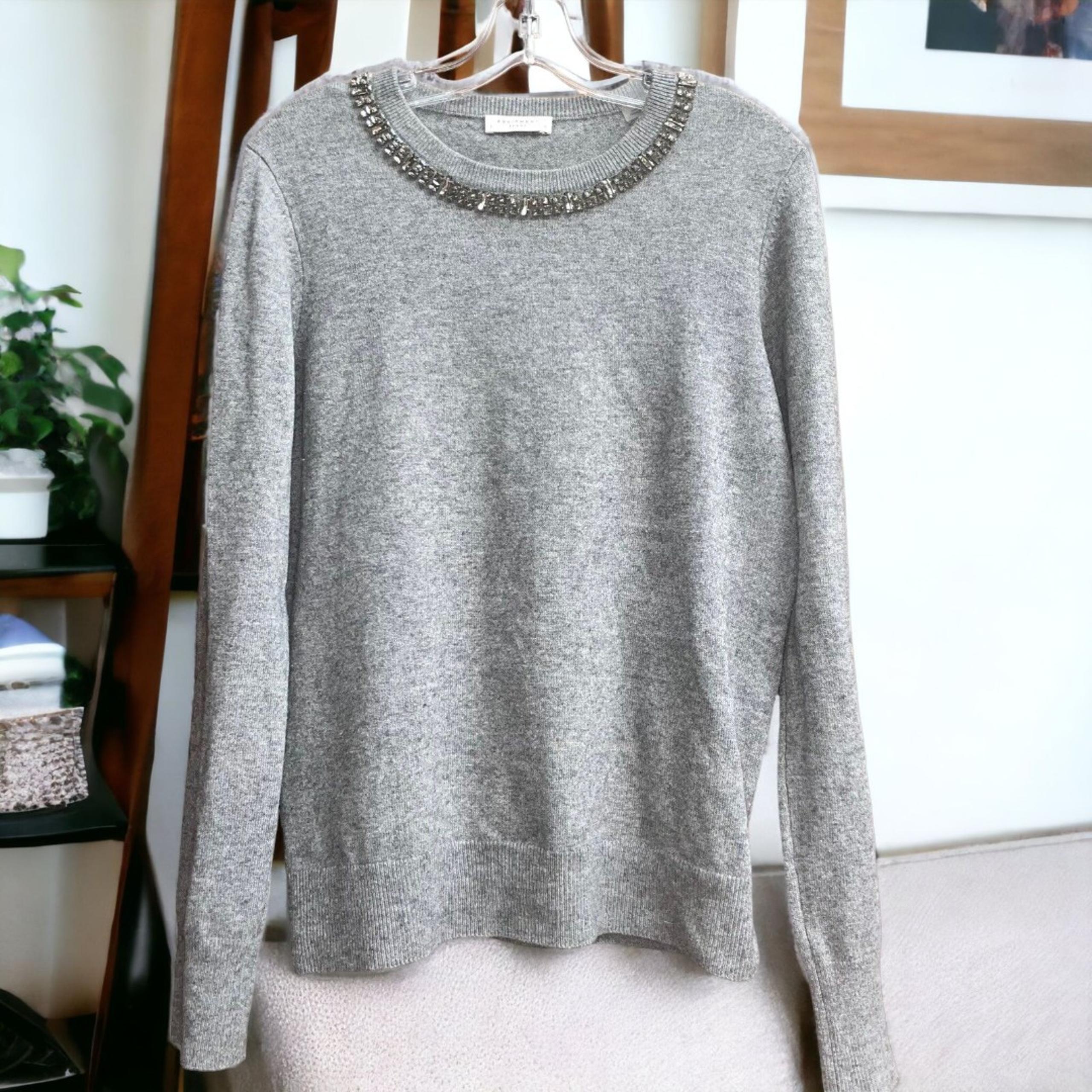 Equipment Femme L Gray Cashmere/Wool Blend Sweater with Rhinestones