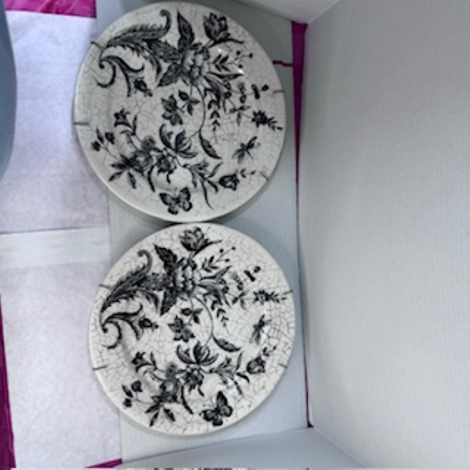 2 Vintage Cottage Mod-Toile Inspired plates black and off white ceramic