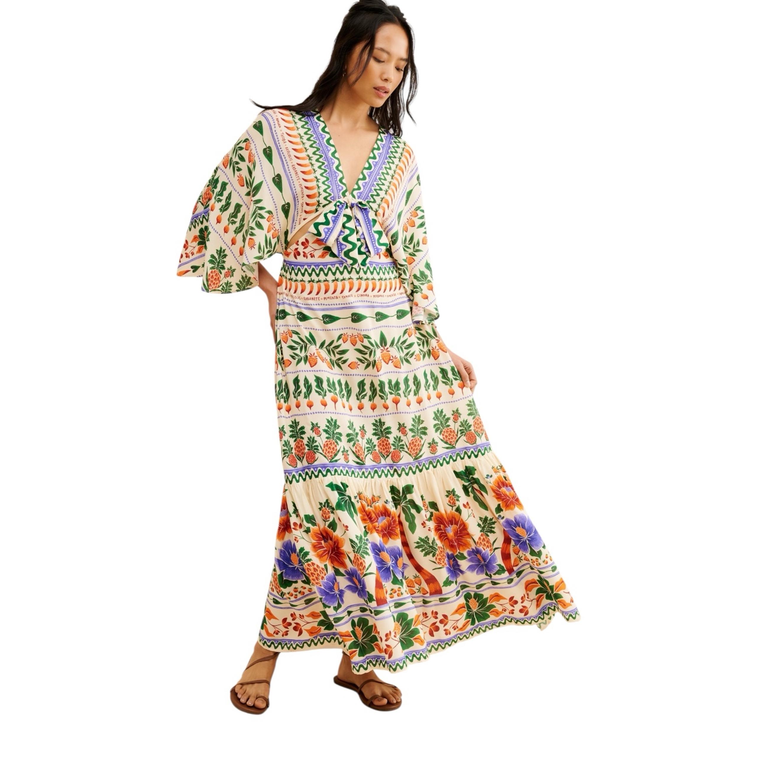 Farm Rio Floral Garden V Neck Kaftan Maxi Cutout Dress Womens S