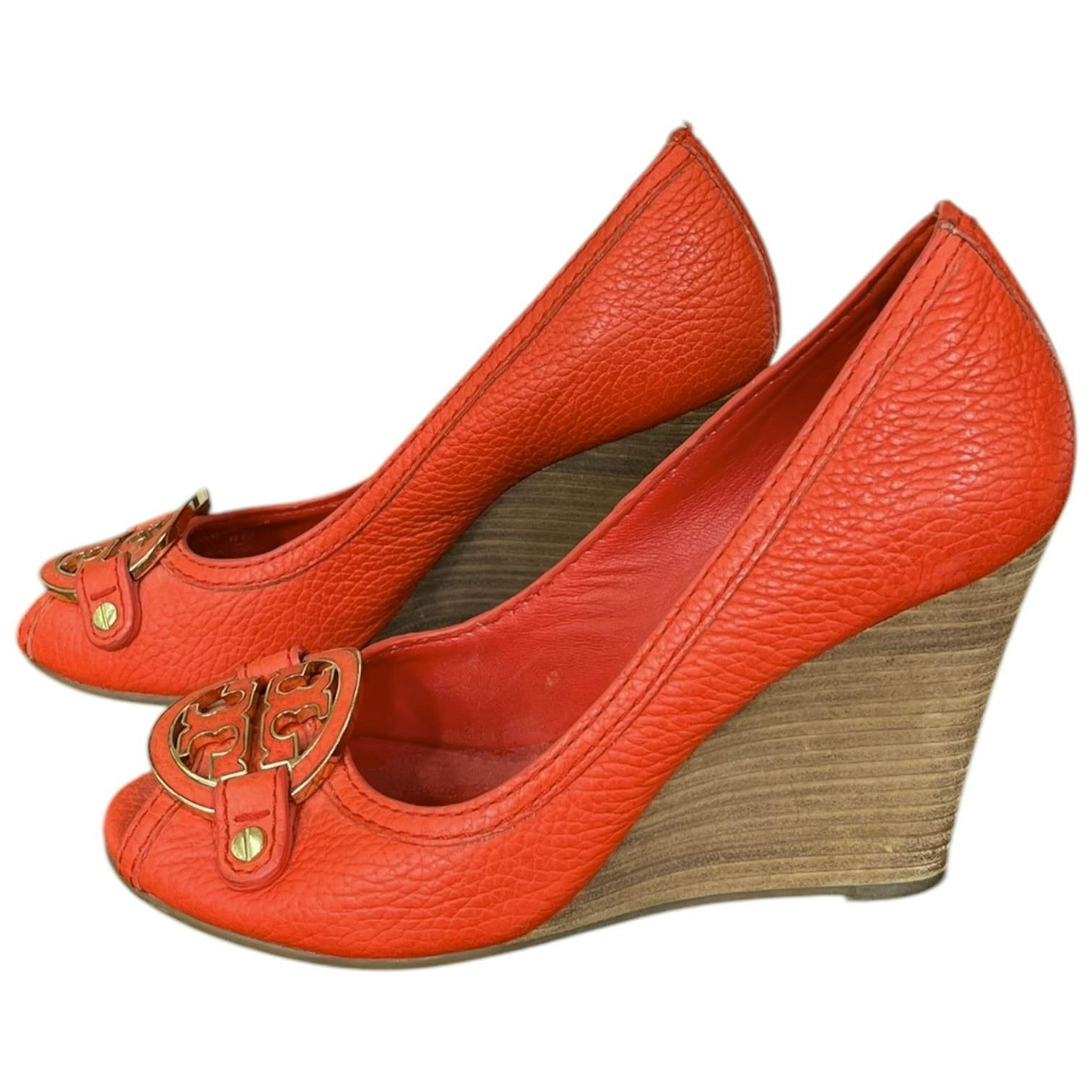 Tory Burch Amanda Open Toe Wedge Heel Shoes Orange Red Pebbled Leather Women 6