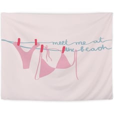 Pink Coquette Coastal Beach Tapestry, Meet Me at the Beach Wall Hanging Decor