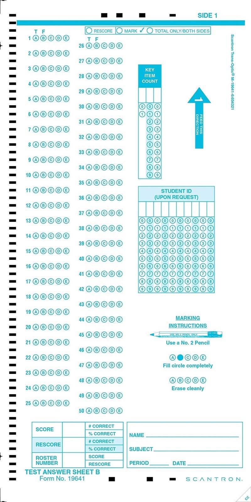 Official SCANTRON 19641 Answer Sheet B 500 Pack