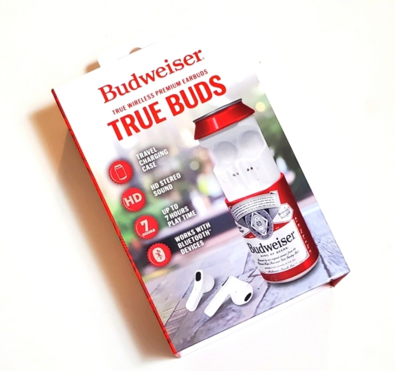 NWT Budweiser Premium Earbuds Truebuds Headphones with Can Shaped Charging Case