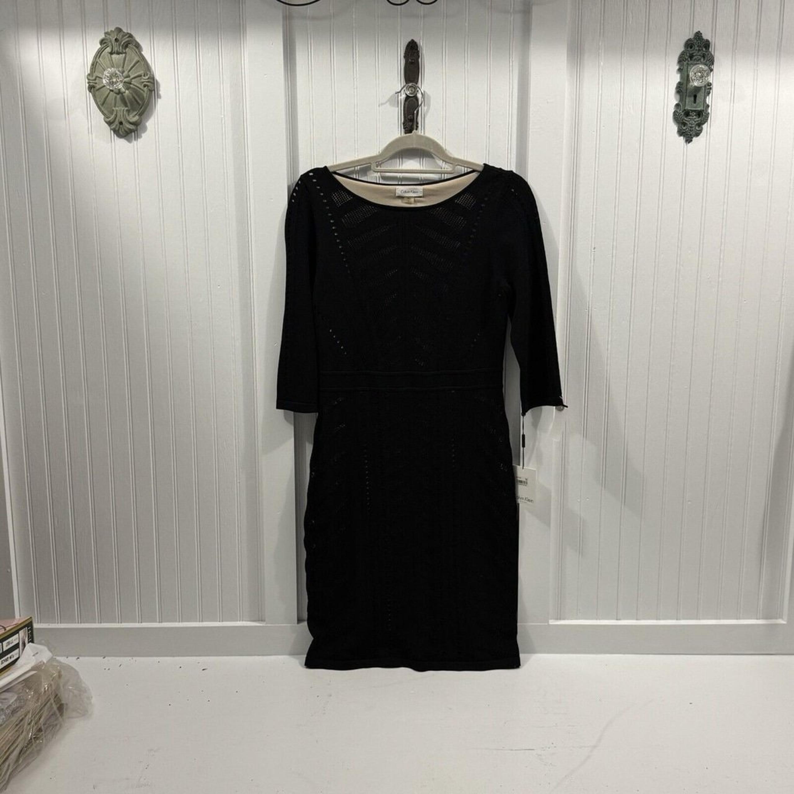 New CALVIN KLEIN WOMEN'S DRESS BLACK SIZE SMALL Crochet Style Over Nude /beige