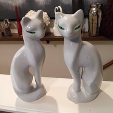 White Ceramic Siamese Cats With Green Eyes