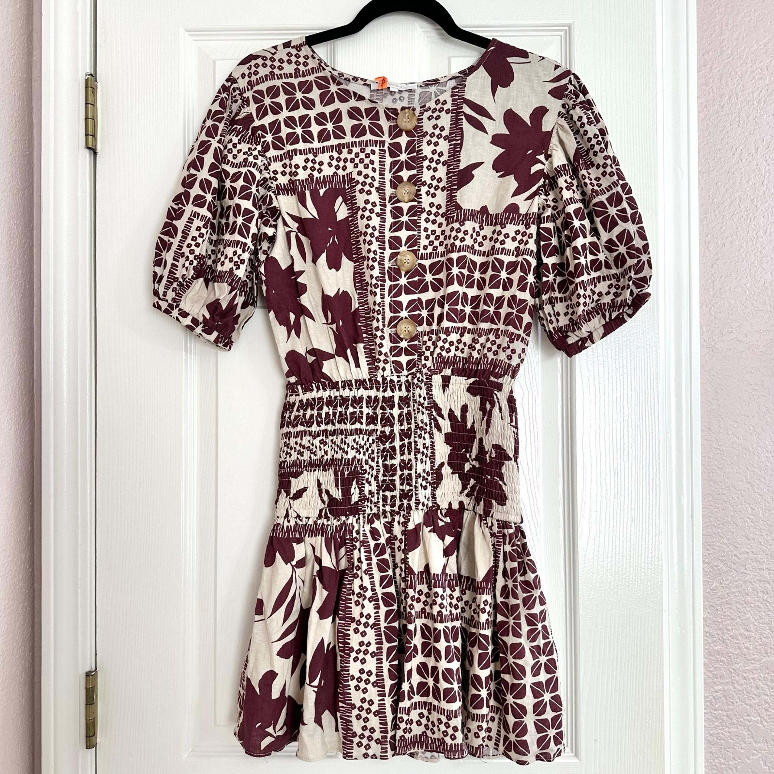 Olivaceous Smocked Babydoll Short Sleeve Linen Blend Mini Short Dress Maroon Md