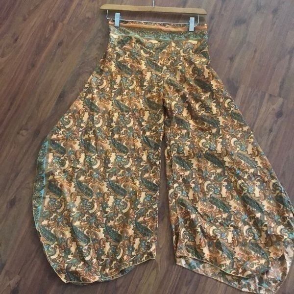 100% silk, orange harem, bohemian style pant wide, leg, slit, side, xs/s