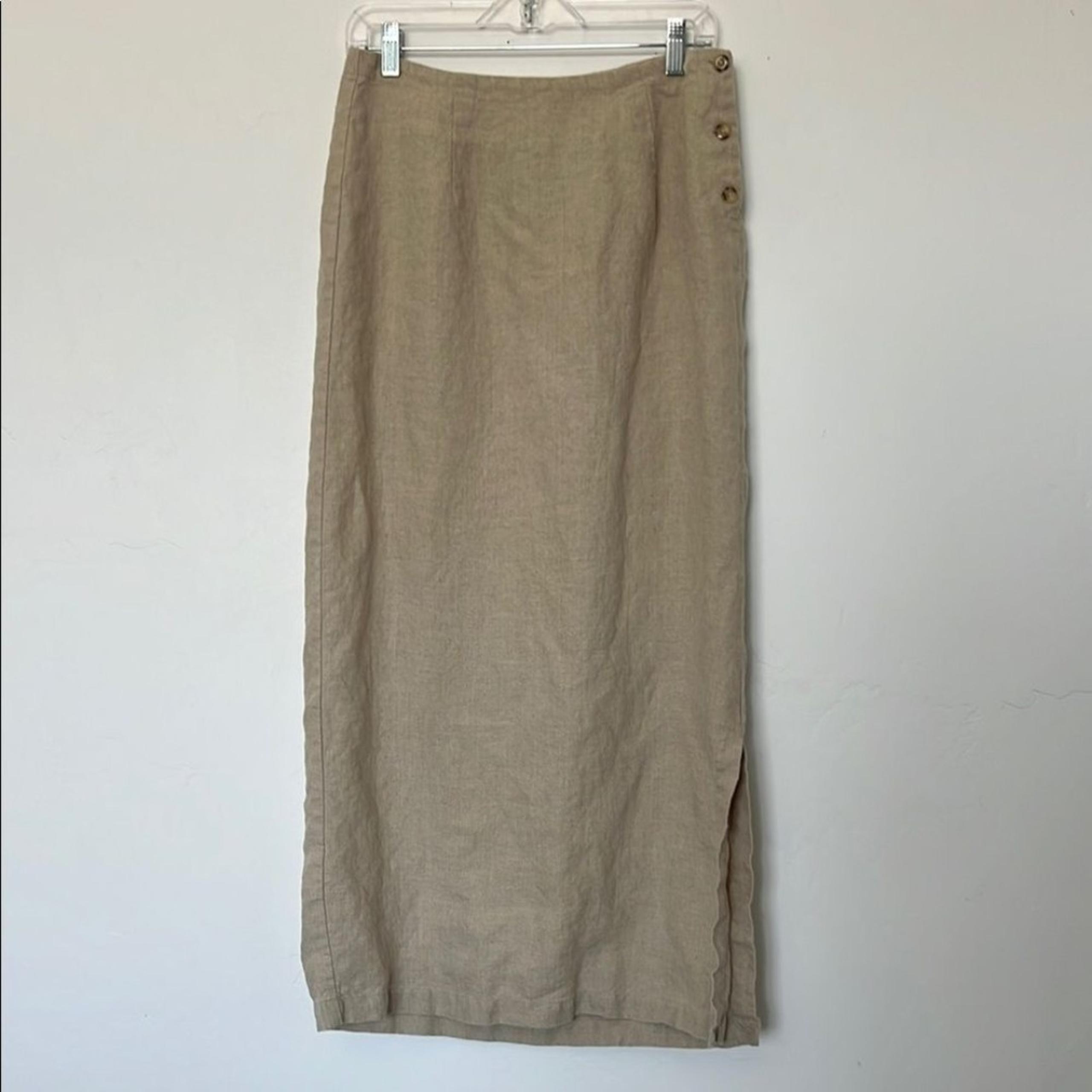 Vintage Eddie Bauer Maxi Skirt 10 Tall Beige Linen Side Button 100% Linen