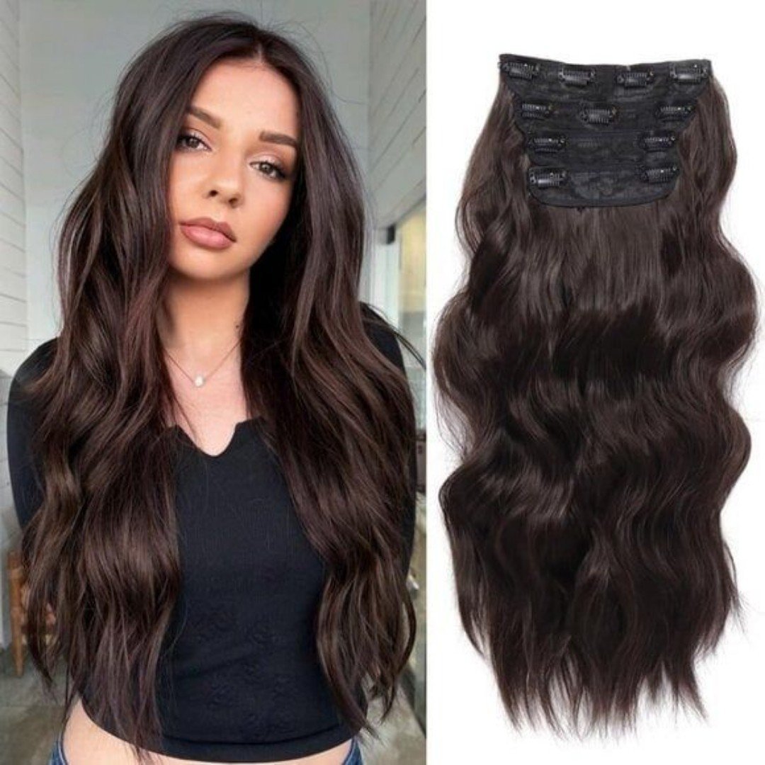 4PCS 20Inch Clip-in Hair Extensions, Black Wavy Curly Thick Synthetic Hairpieces