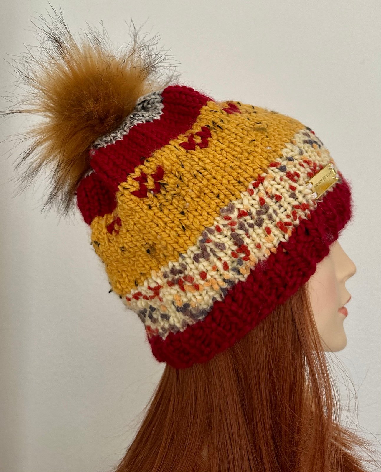 Hand Knits 2 Love Beanie Hat Cap Semi Chunky Faux Fur Pom Pom Designer Fun