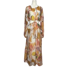 Womens 8 Pastel Abstract Print Maxi Dress Front Tie Cutout Sheer Flowing Fabric