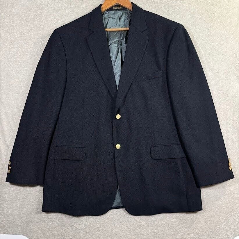 VTG Mens 44R Stafford Blazer Worsted Wool Blend Navy Gold 2-Button Tall Preppy