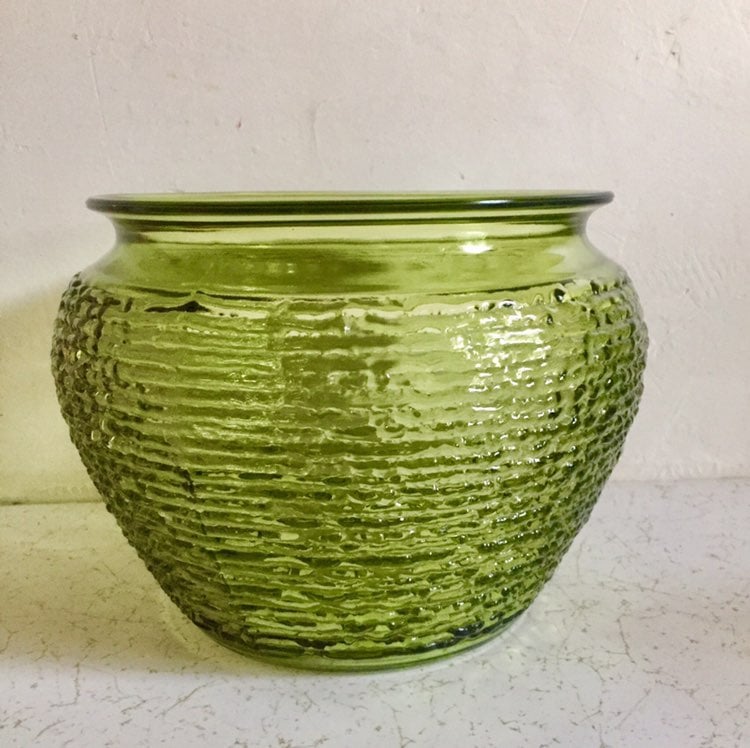 #6404 Vintage Mid Century Avocado Green Stippled Glass Vase Rose Bowl or planter