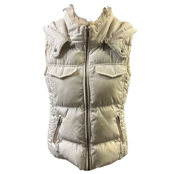 Zara Trafaluc Vest Sleeveless Beige Tweed Hooded Quilted Outerwear Pockets Small