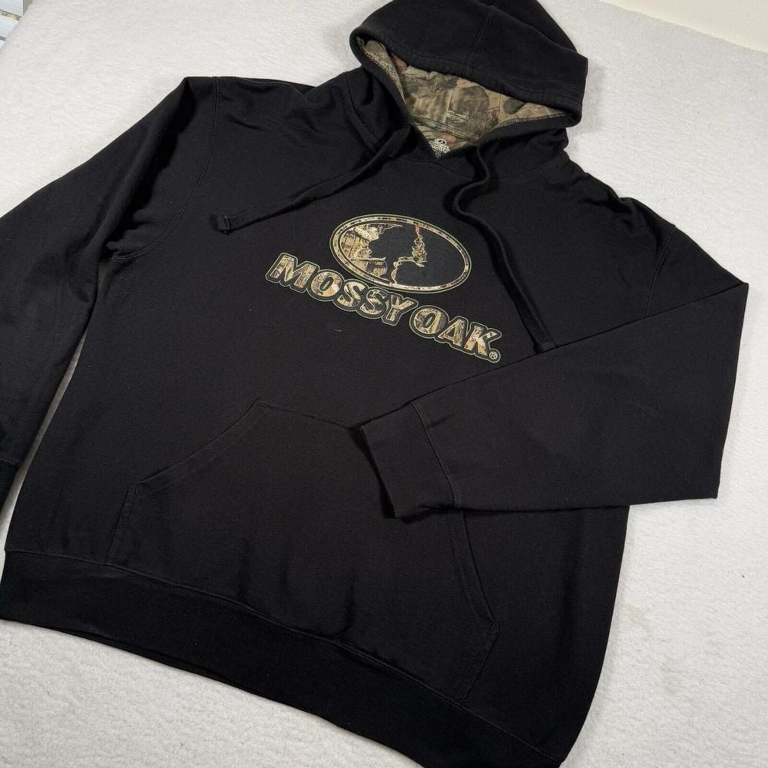 VTG Mossy Oak Hoodie Mens XL Black Camo Pullover Fleece Sweatshirt Y2K Hunting