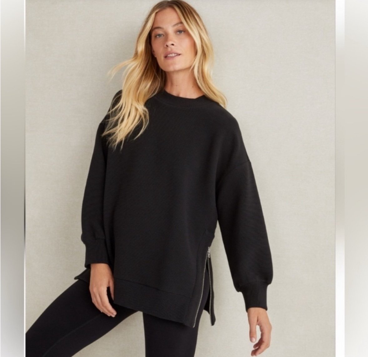 Varley Mae Boyfriend Sweatshirt Crewneck Side Zip Oversized Ribbed Black Small