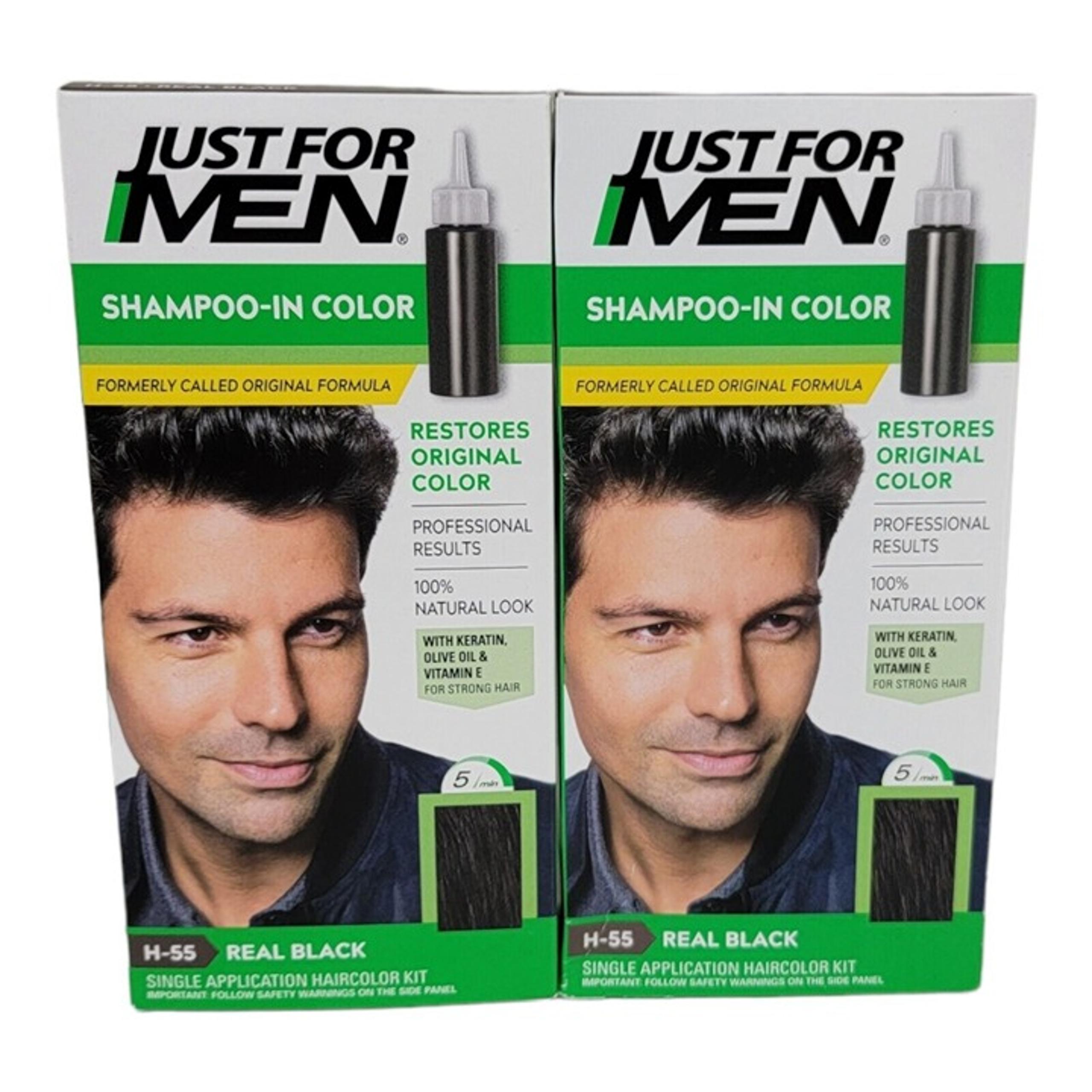 Lot of 2 Just for Men H-55 REAL BLACK Shampoo-In Color Hair Color Green Box