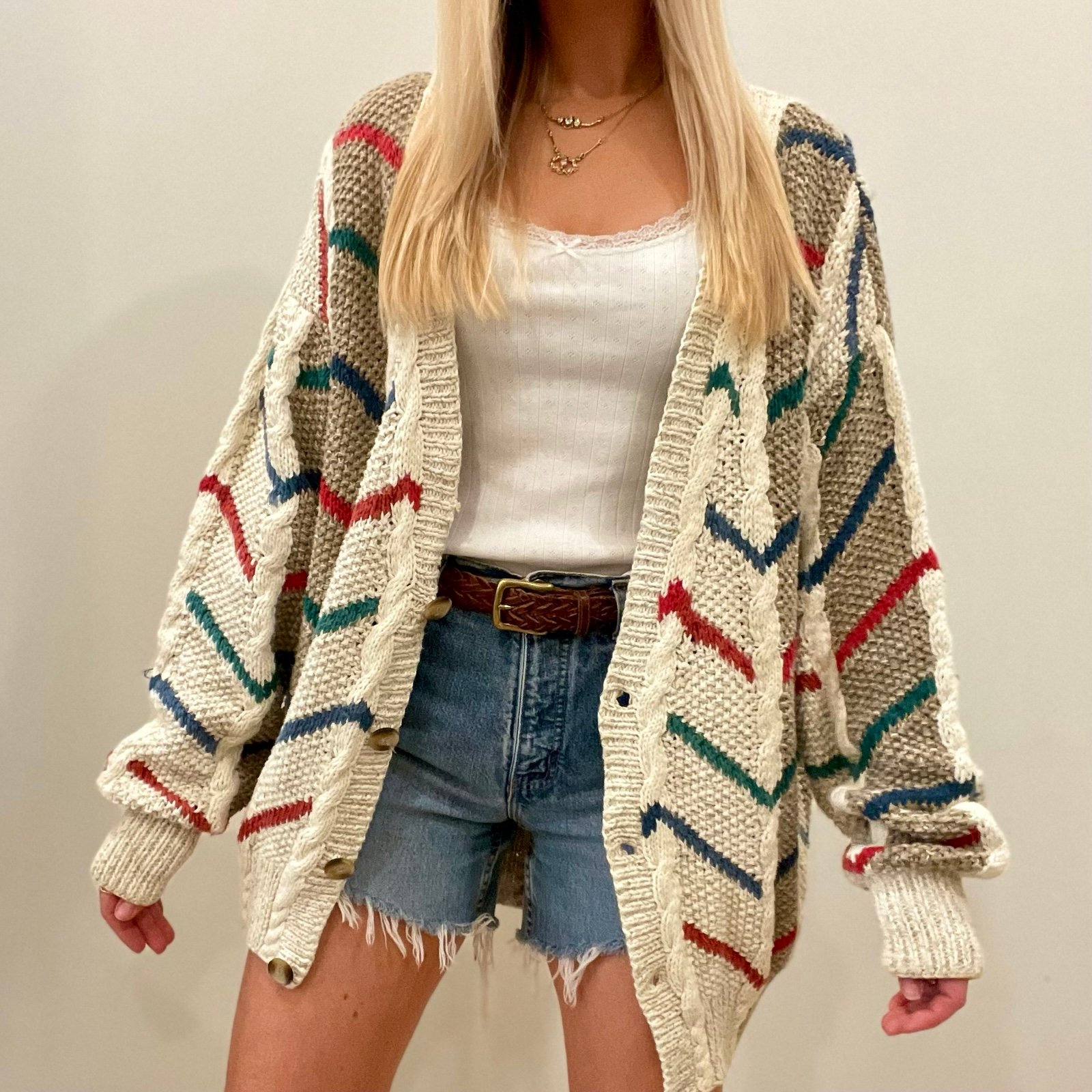 Vintage 70’s Boston Traders’ Chunky Hand Knitted Striped Cable Knit Cardigan