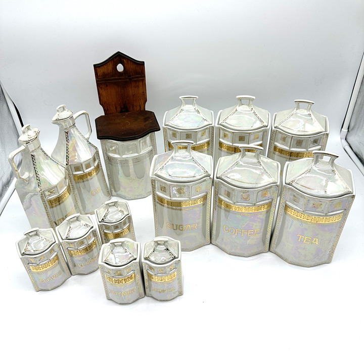 Vintage 14 Pieces White Block Iridescent Porcelain German Storage Jars Marked