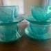 Arcoroc Aspen Leaf Turquoise Teal Tea Cups & Saucers