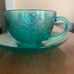 Arcoroc Aspen Leaf Turquoise Teal Tea Cups & Saucers