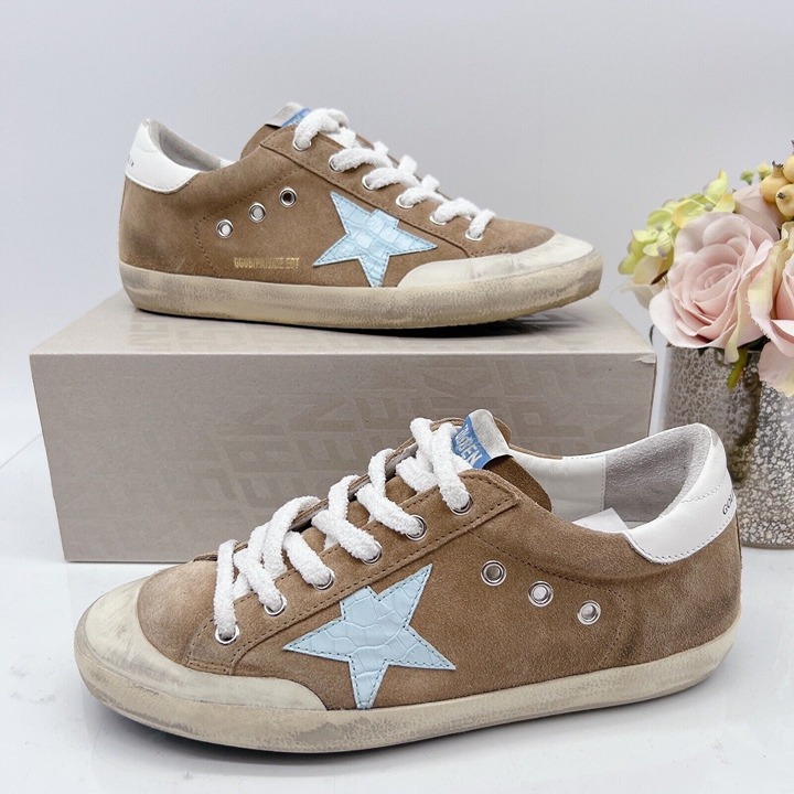 Golden Goose Super-Star Low Top Sneaker Tobacco/ Light Blue/ White EU 40 US 10