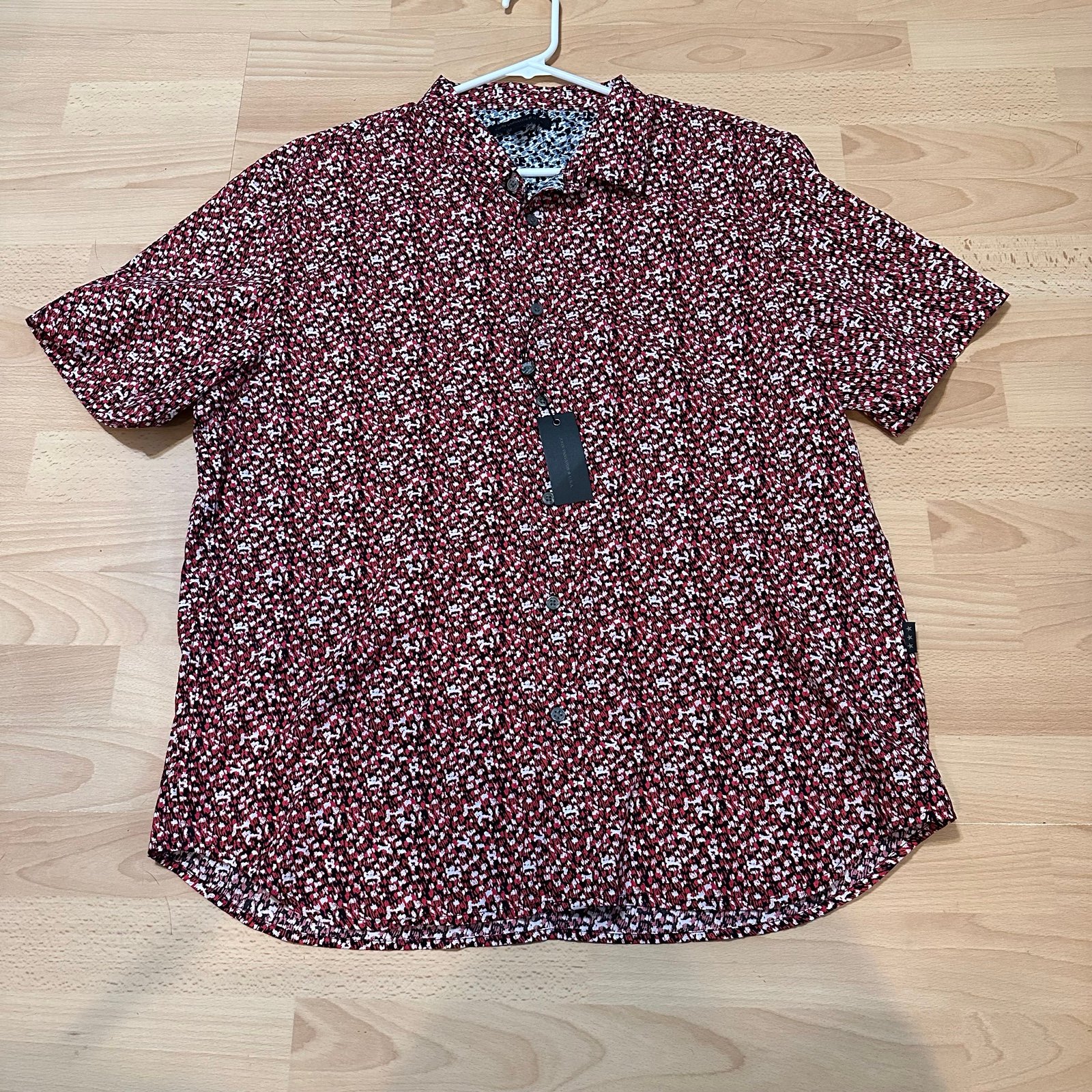 John Varvatos Mens Red Black All Over Print Short Sleeve Casual Button Up Shirt