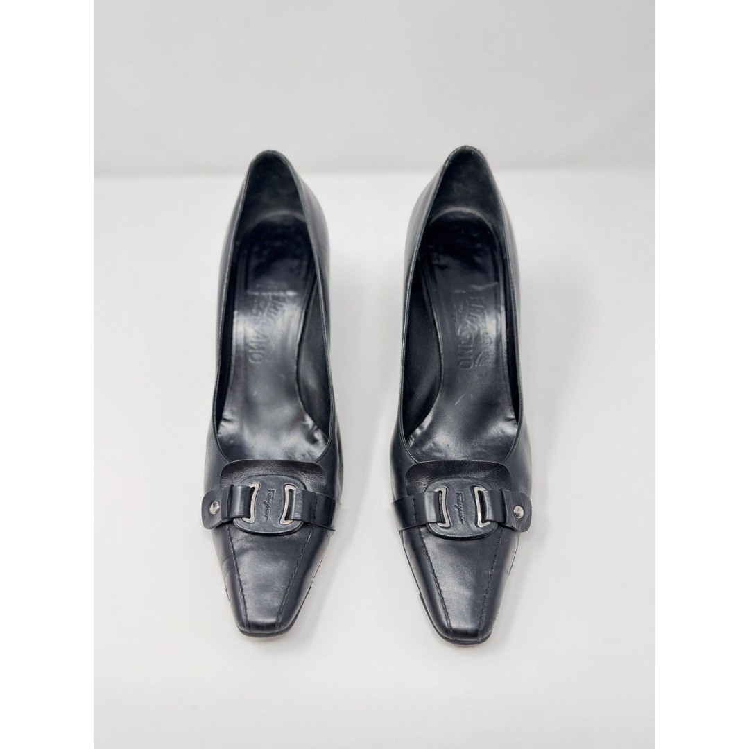 Salvatore Ferragamo Womens Heels Black Leather Square Toe Pumps Italian US 10.5D