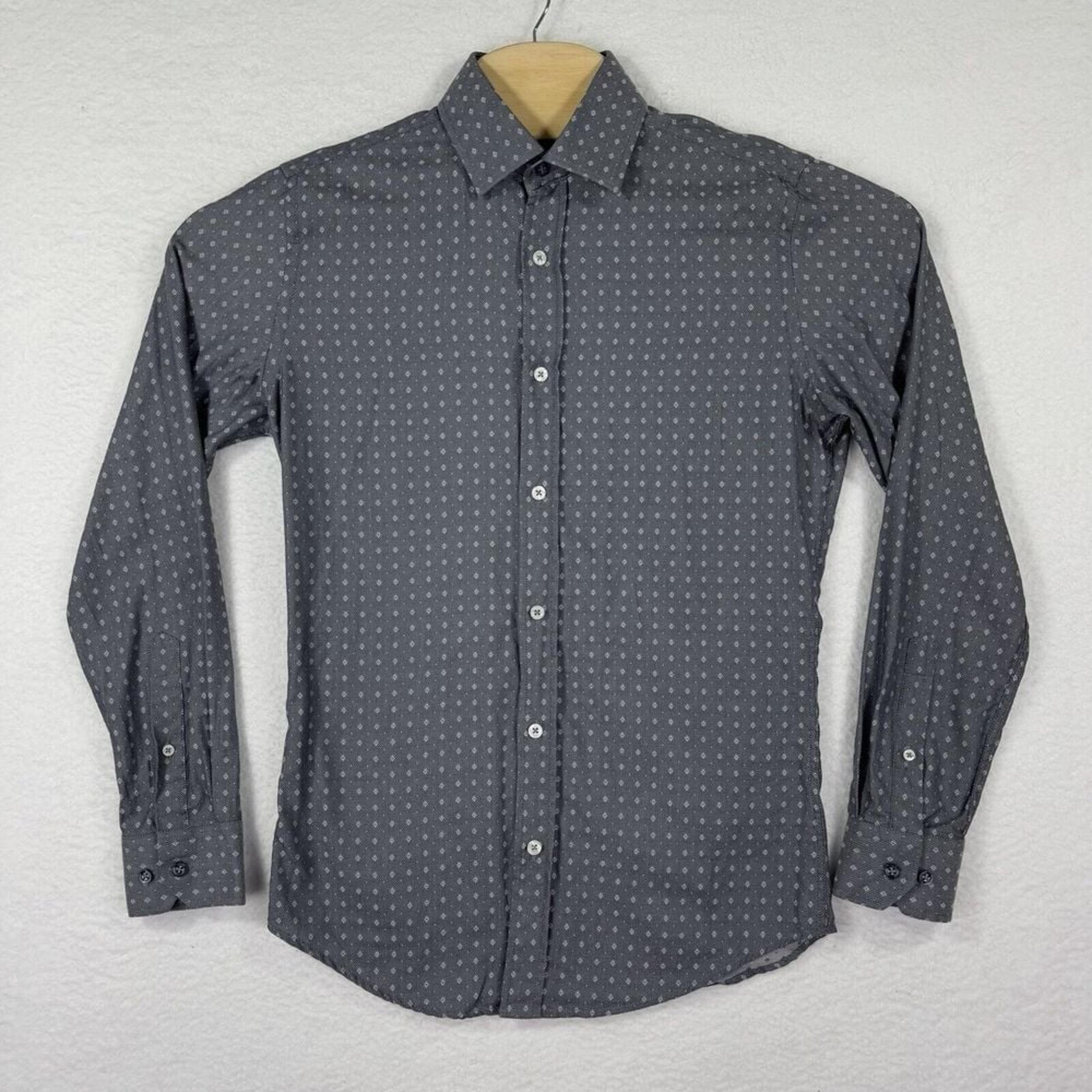 London Shirt Mens Small 14.5 Gray Diamond Print Button-Up Long Sleeve - Duchamp
