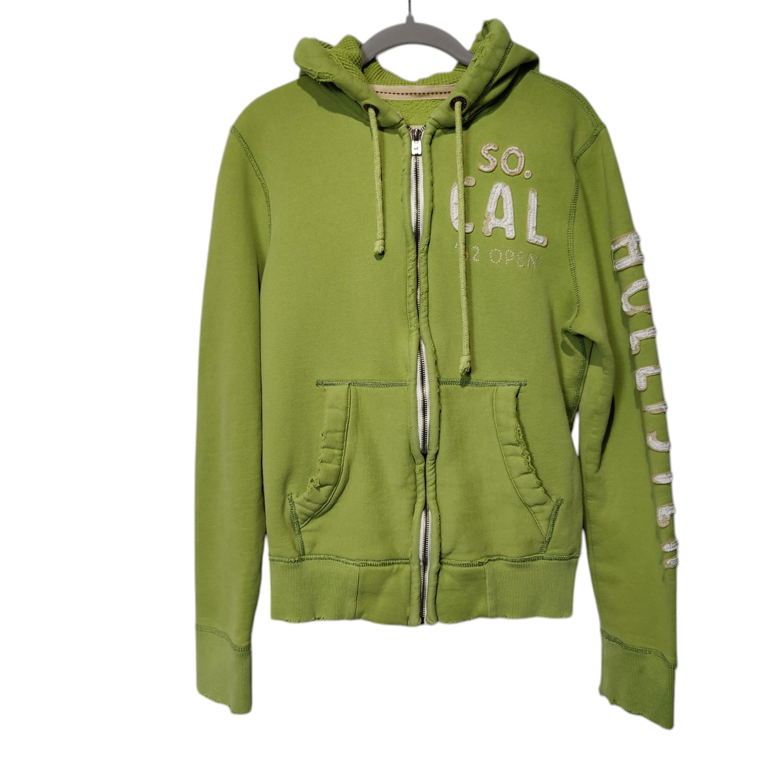 Y2K Hollister Women's Sz S Green Full Zip Hoodie Embroidered Spellout Waffle