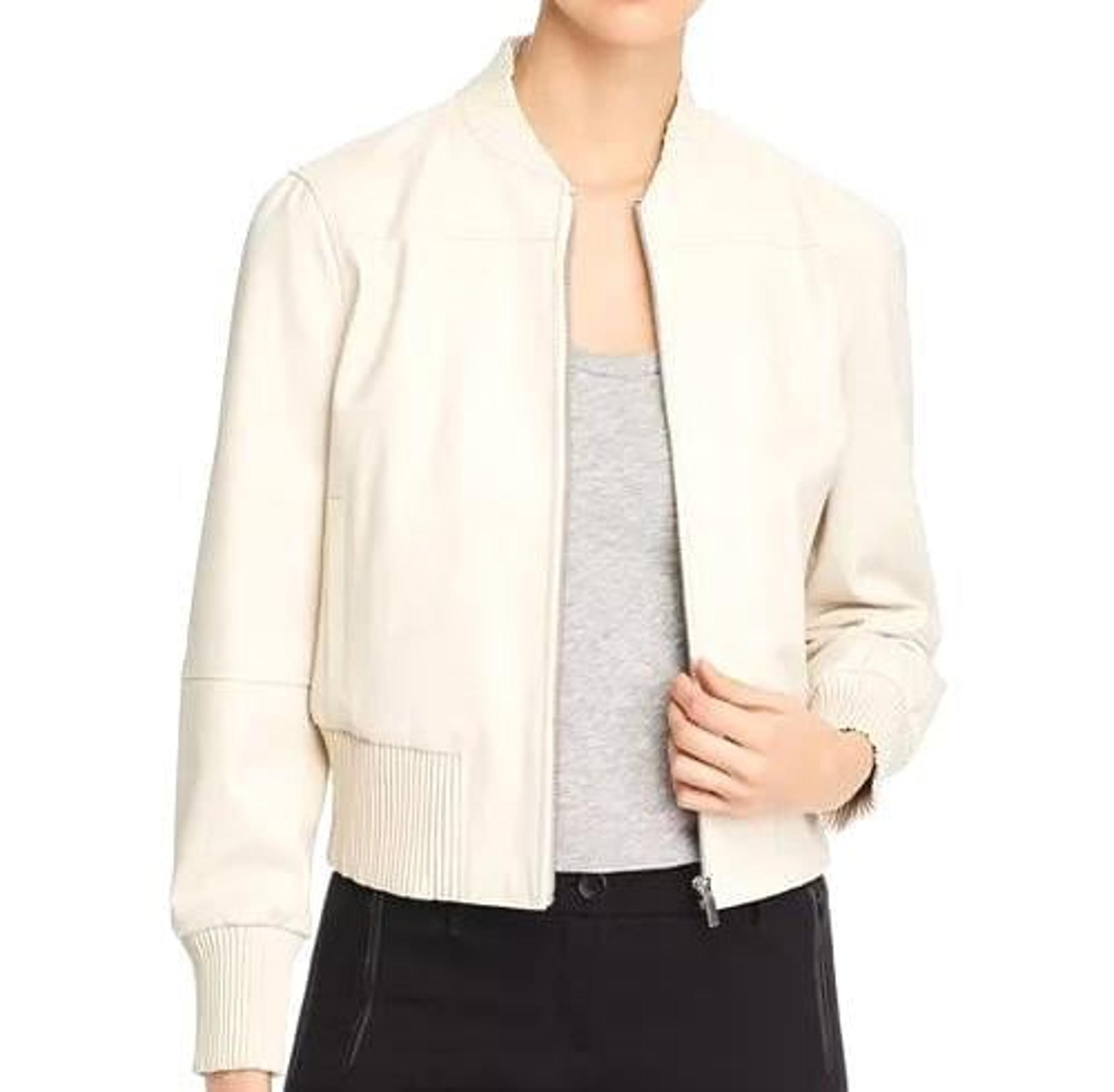 TAHARI Womens (L) Cream Faux Leather Full-Zip Bomber Jacket w/Mock Neck - Lined