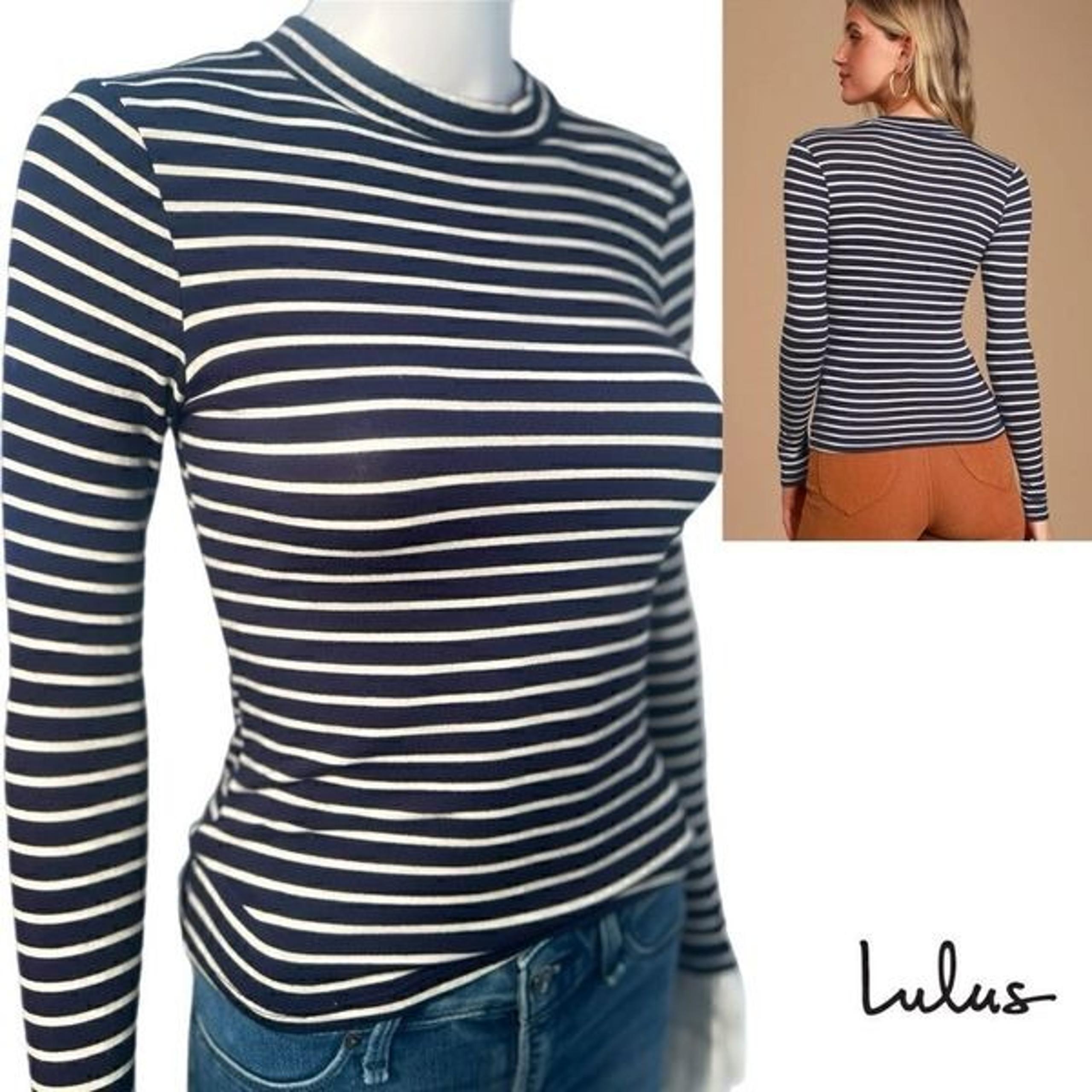 Lulu’s Navy and White Striped Mock Neck Top NWOT