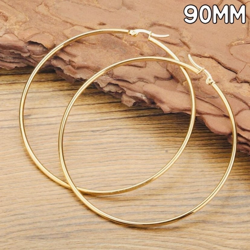 14K Yellow Gold Large Tube Hoop Earrings, 90mm