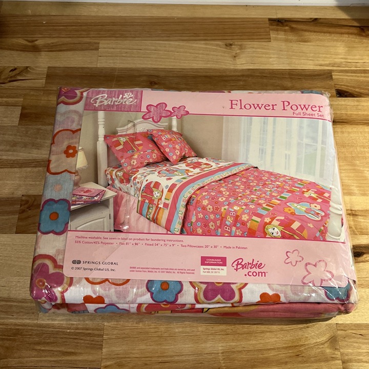 Barbie 2007 Flower Power Full Sheet Set - Flat Fitted & 2 Pillow Cases NEW