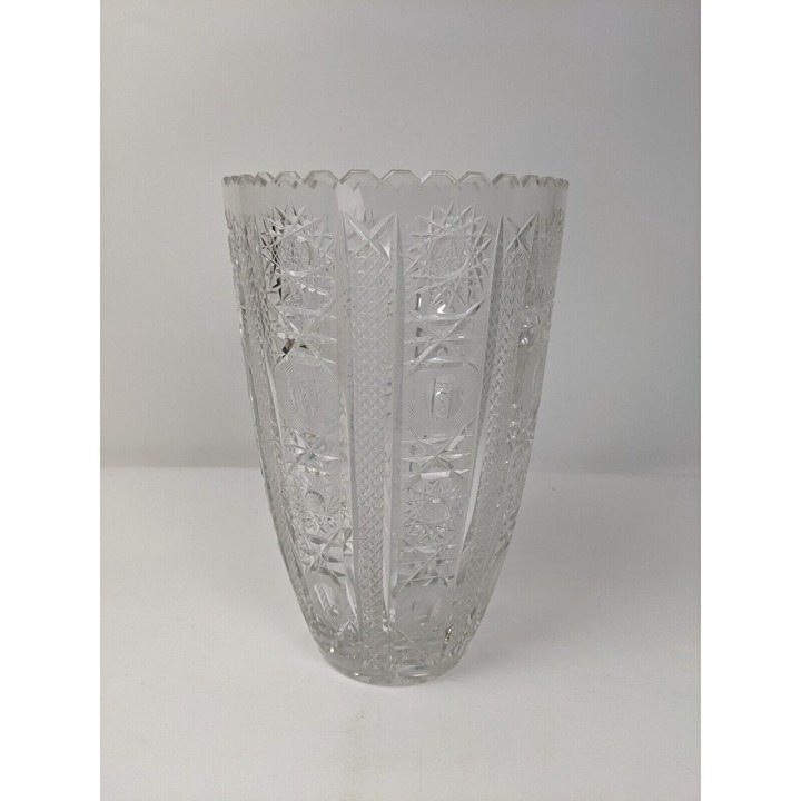 Vintage Bohemian Crystal 10 Tall Vase Hand Cut Heavy Glass Scalloped Top