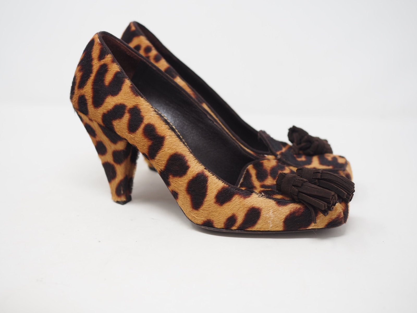 Yves Saint Laurent Leopard Print Calf Hair Pumps Tassel Heel Size 37