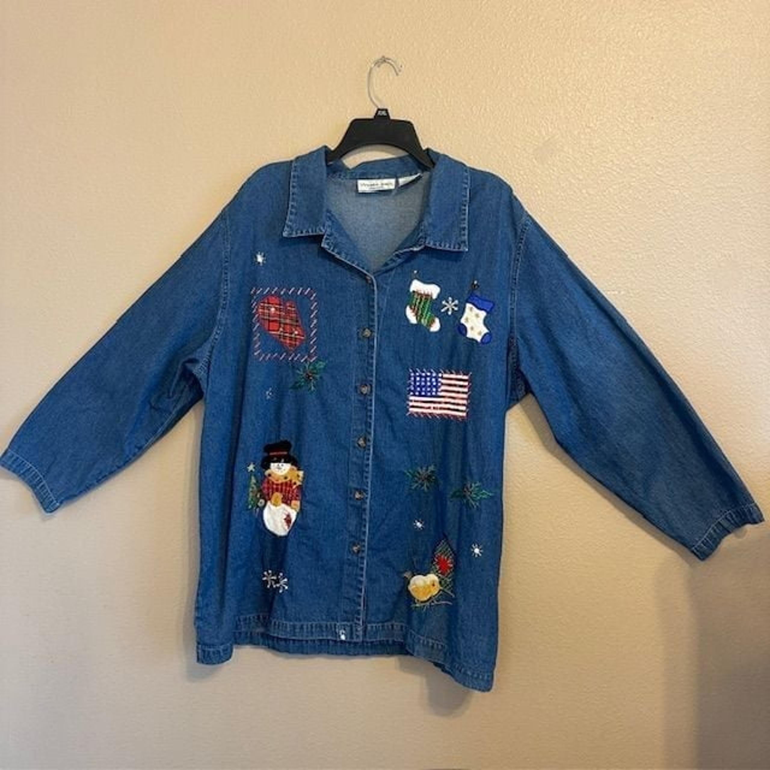 Victoria Jones Woman Christmas Holiday Embroidered Patch Women's Denim Shirt 2X